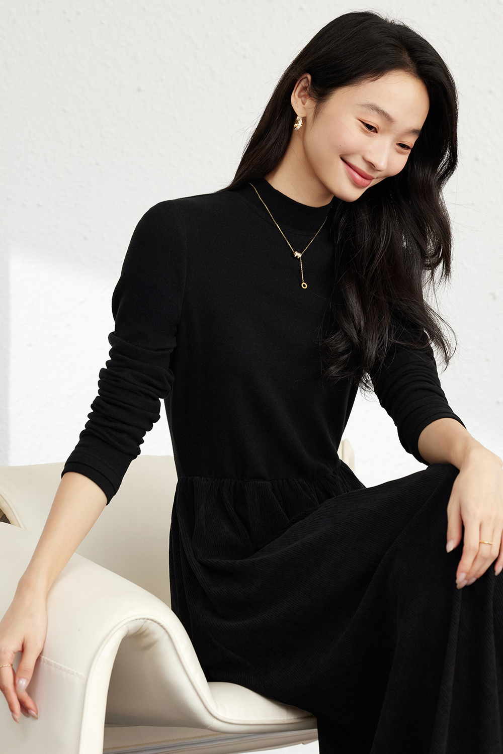 Black double-fabric spliced dress-VIMLYSTORE