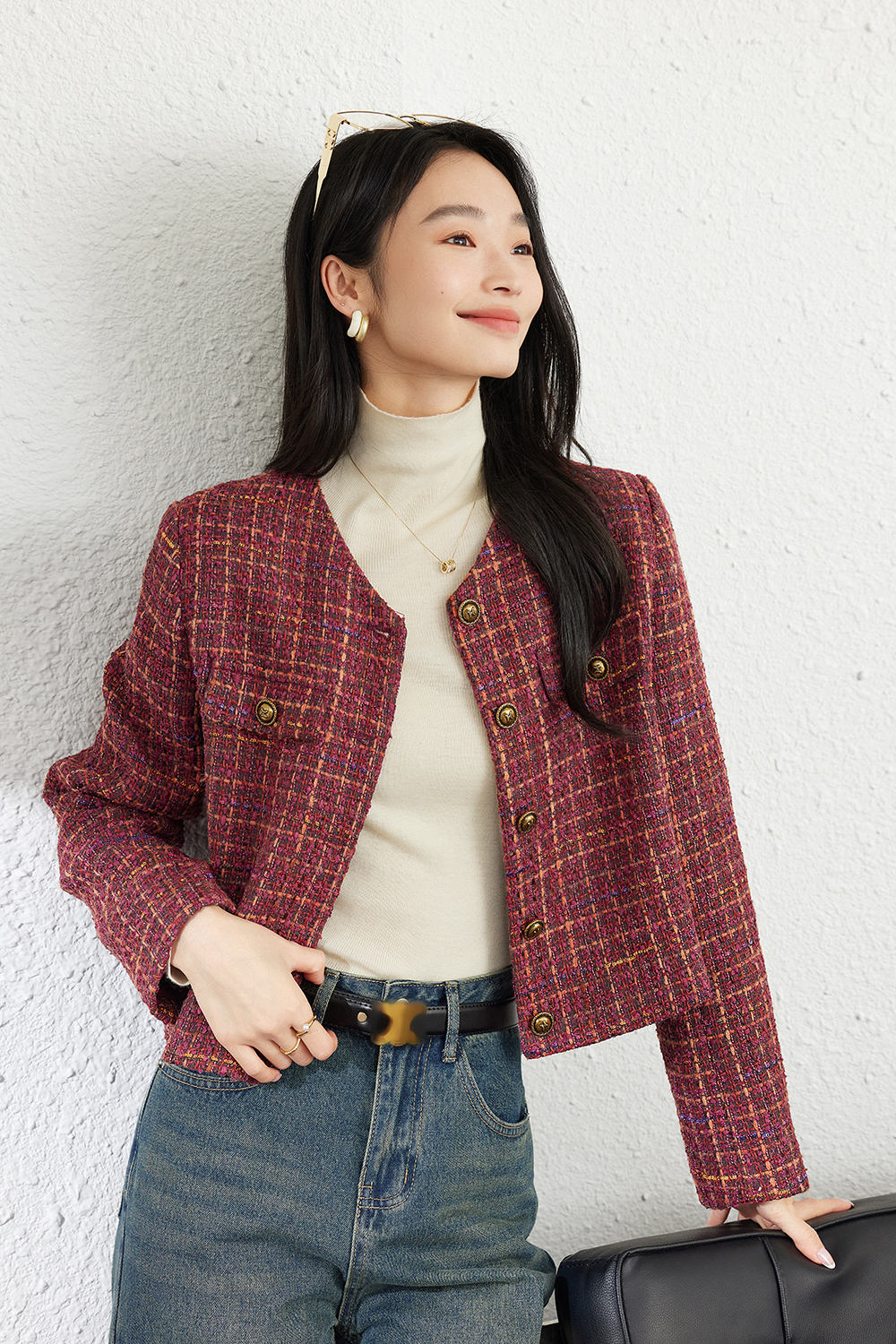Fashionable Retro Red Check Short Jacket