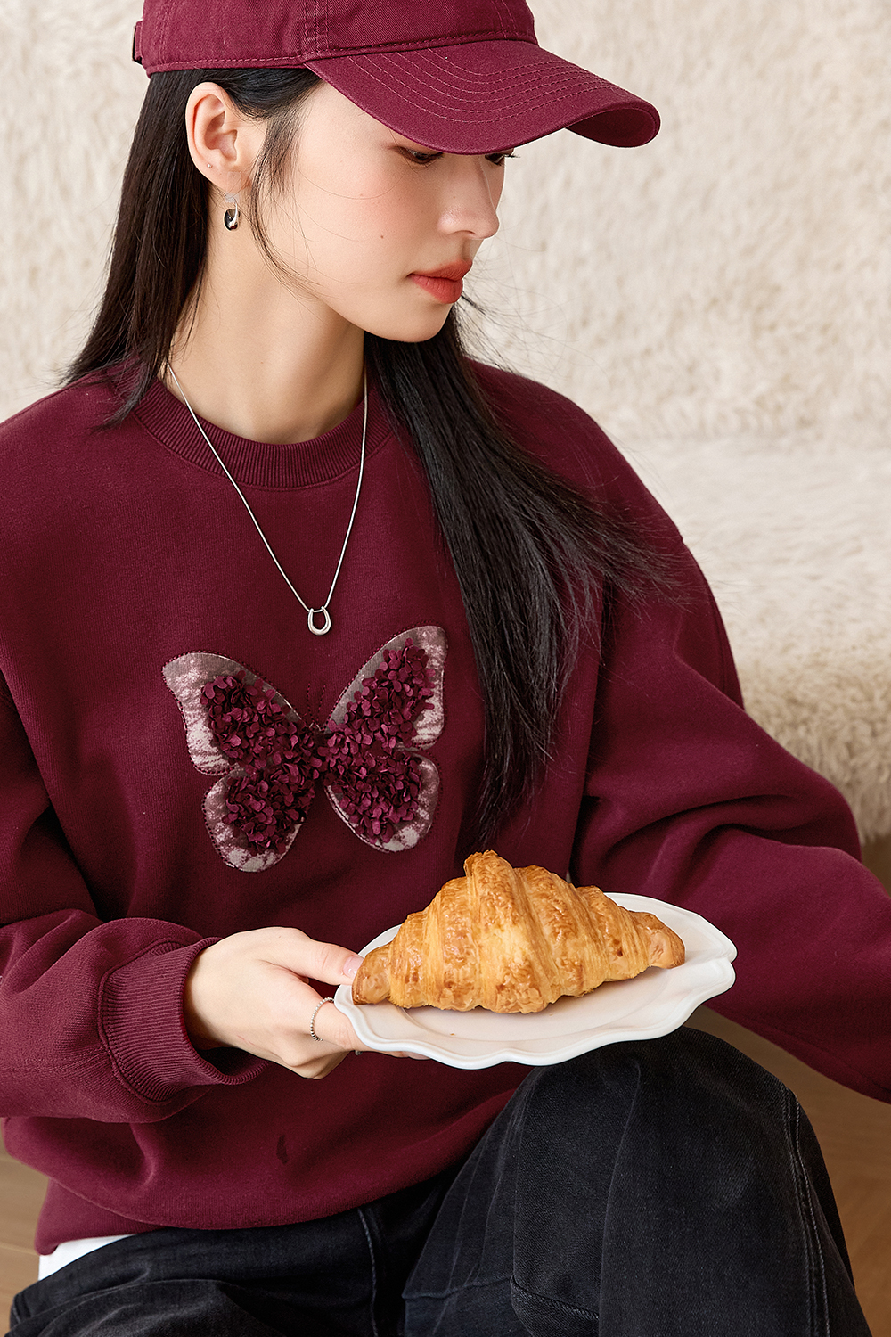 Butterfly Embroidered Fleece-Lined Sweatshirt-VIMLYSTORE