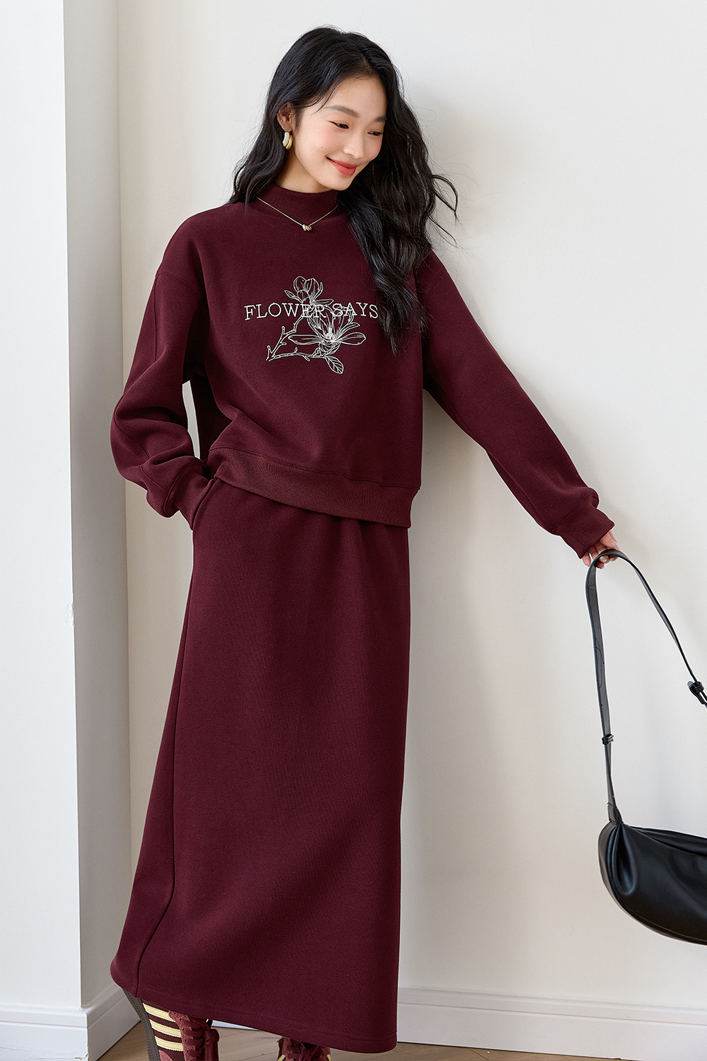 Semi-High Neck Printed Sweatshirt Set-VIMLYSTORE