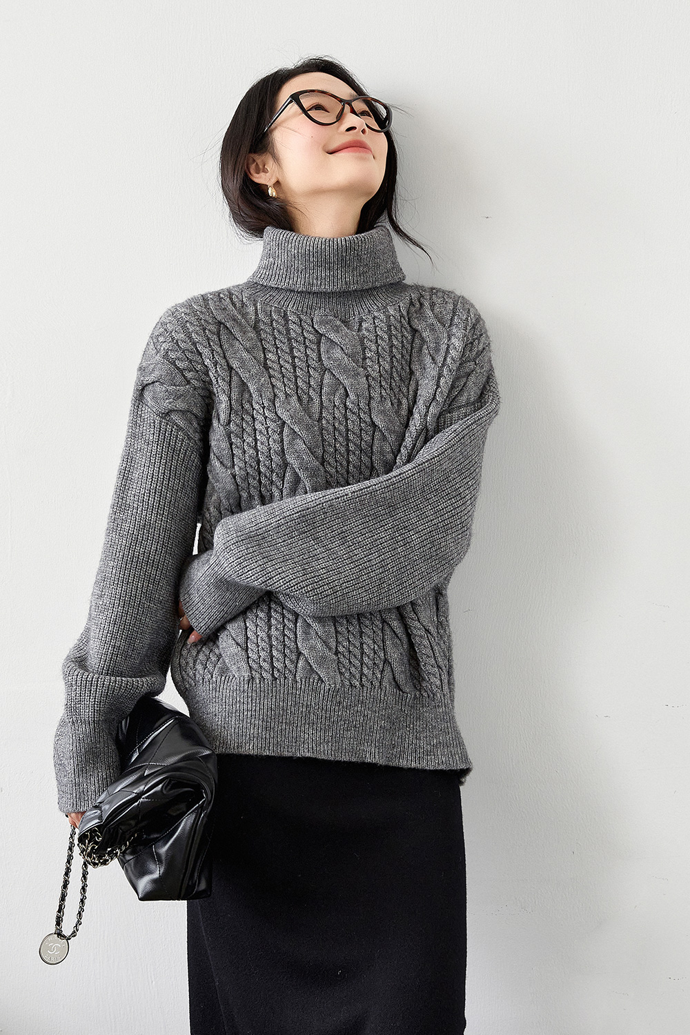 High neck cable design knitted sweater-VIMLYSTORE
