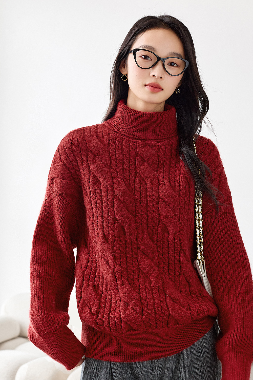 High neck cable design knitted sweater-VIMLYSTORE