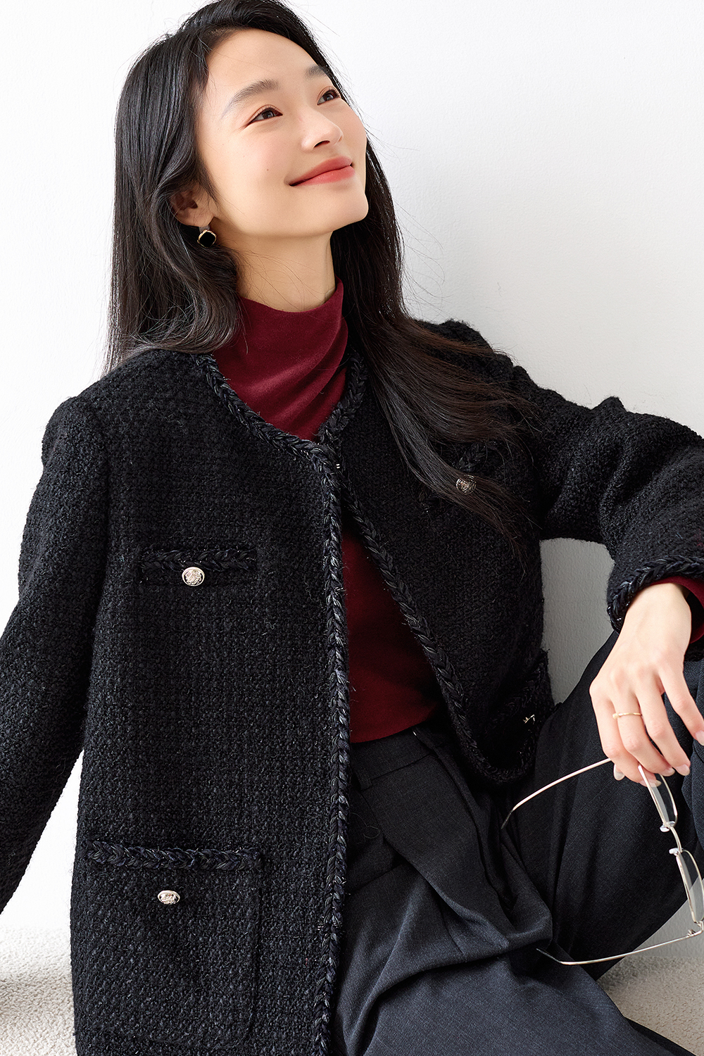 Aristocratic-Style Trimmed Tweed Jacket-VIMLYSTORE