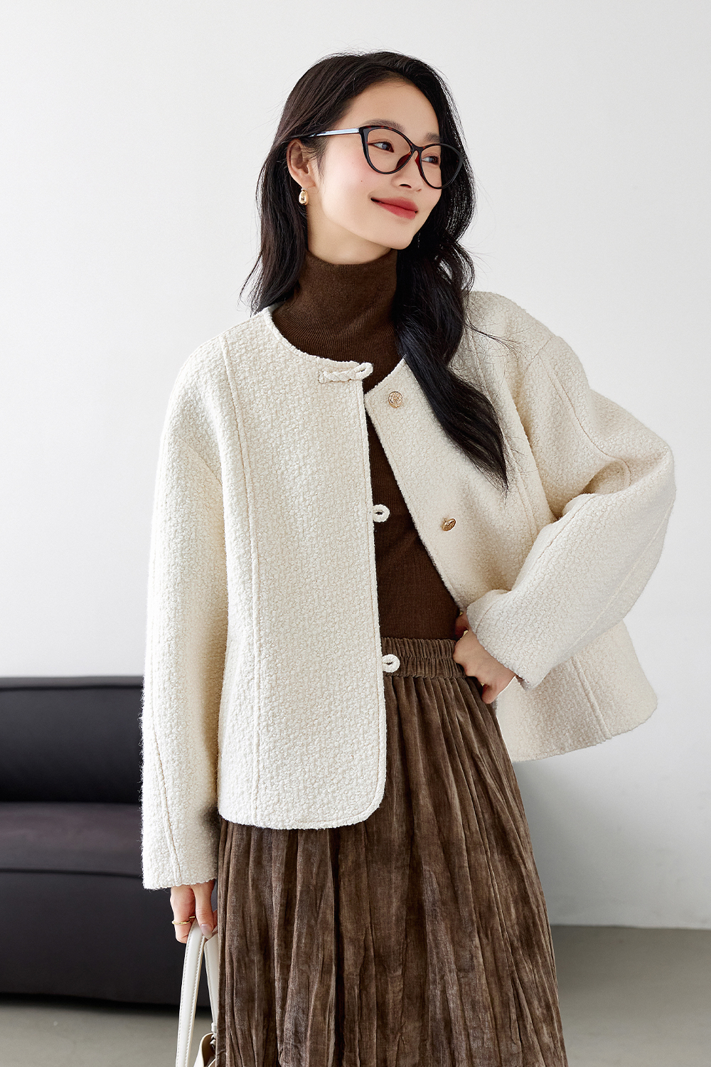 Buttoned Design Tweed Short-length Coat-VIMLYSTORE