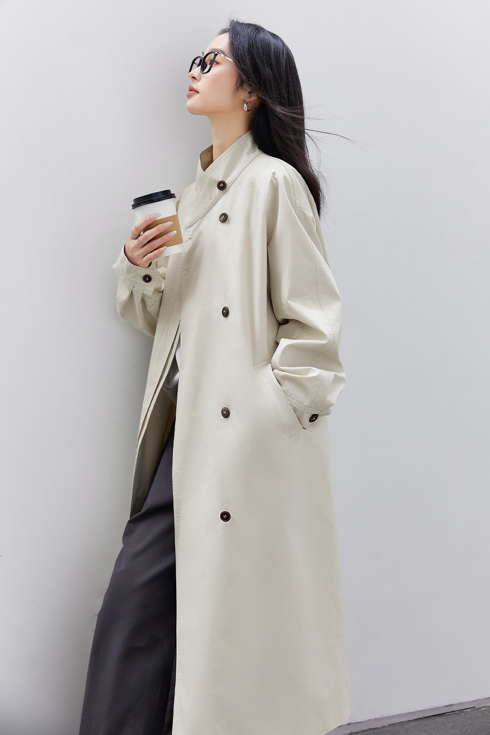 Stand-Up Collar Buttoned Trench Coat-VIMLYSTORE