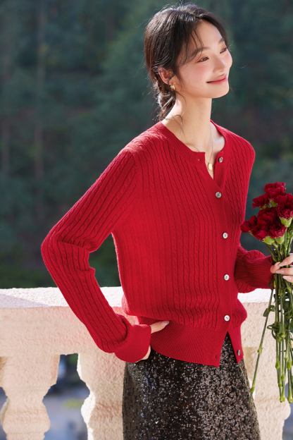 Red Wide-striped Knitted Cardigan