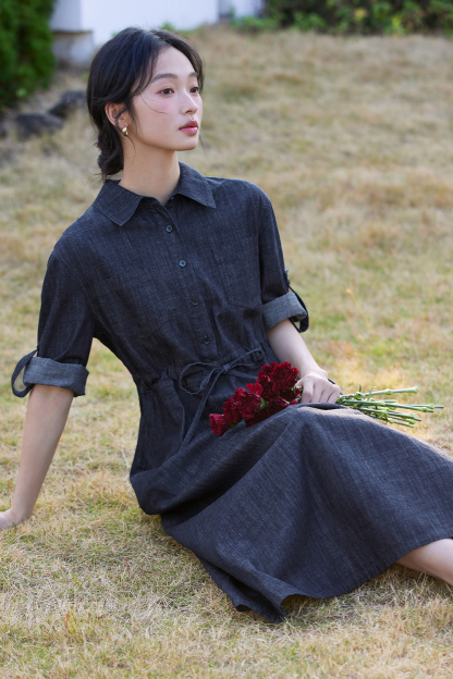 Pure Cotton Lapel Denim Dress