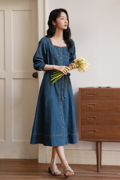 Retro Denim Lace-Up Dress