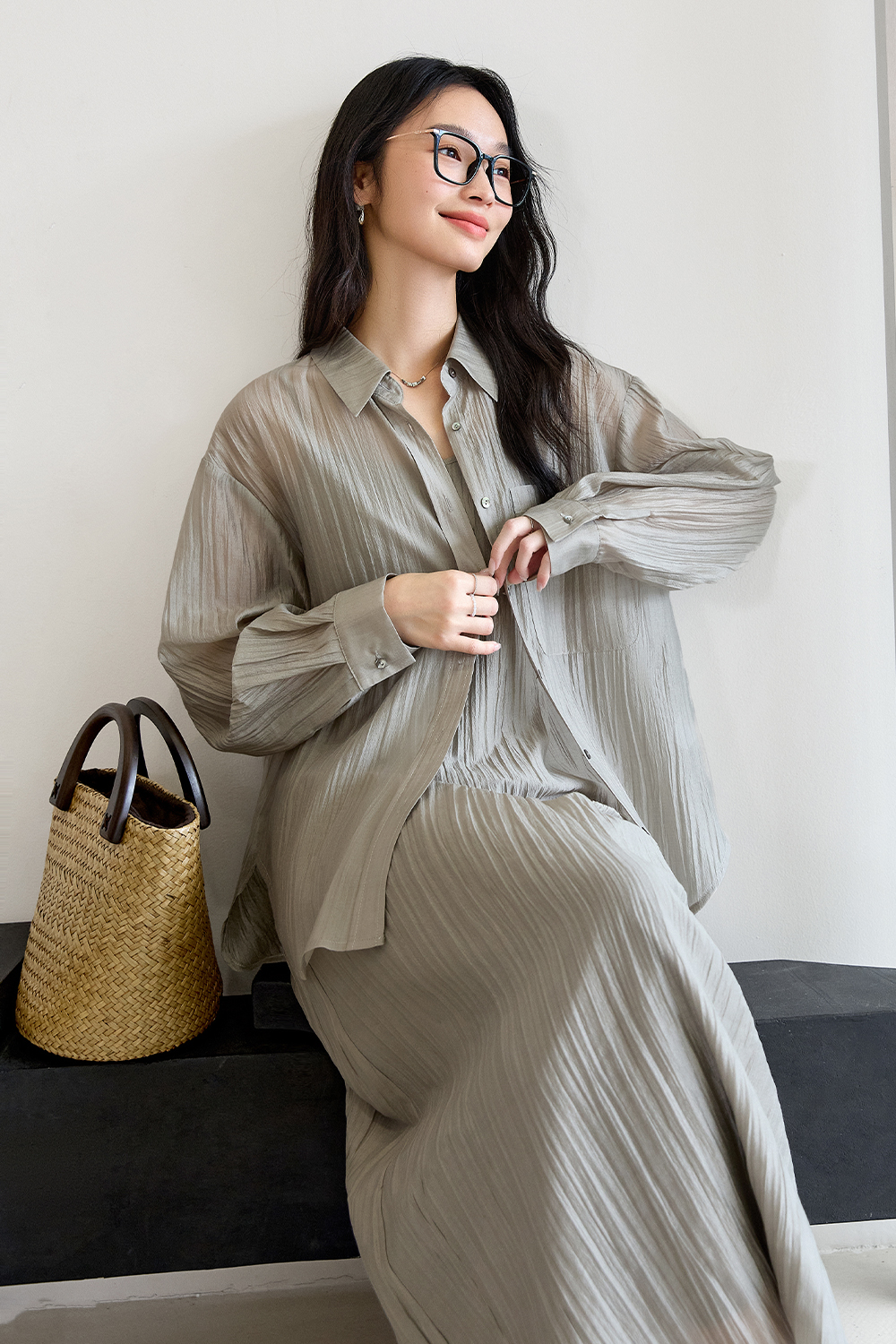 Tea Color Pleated Set-VIMLYSTORE