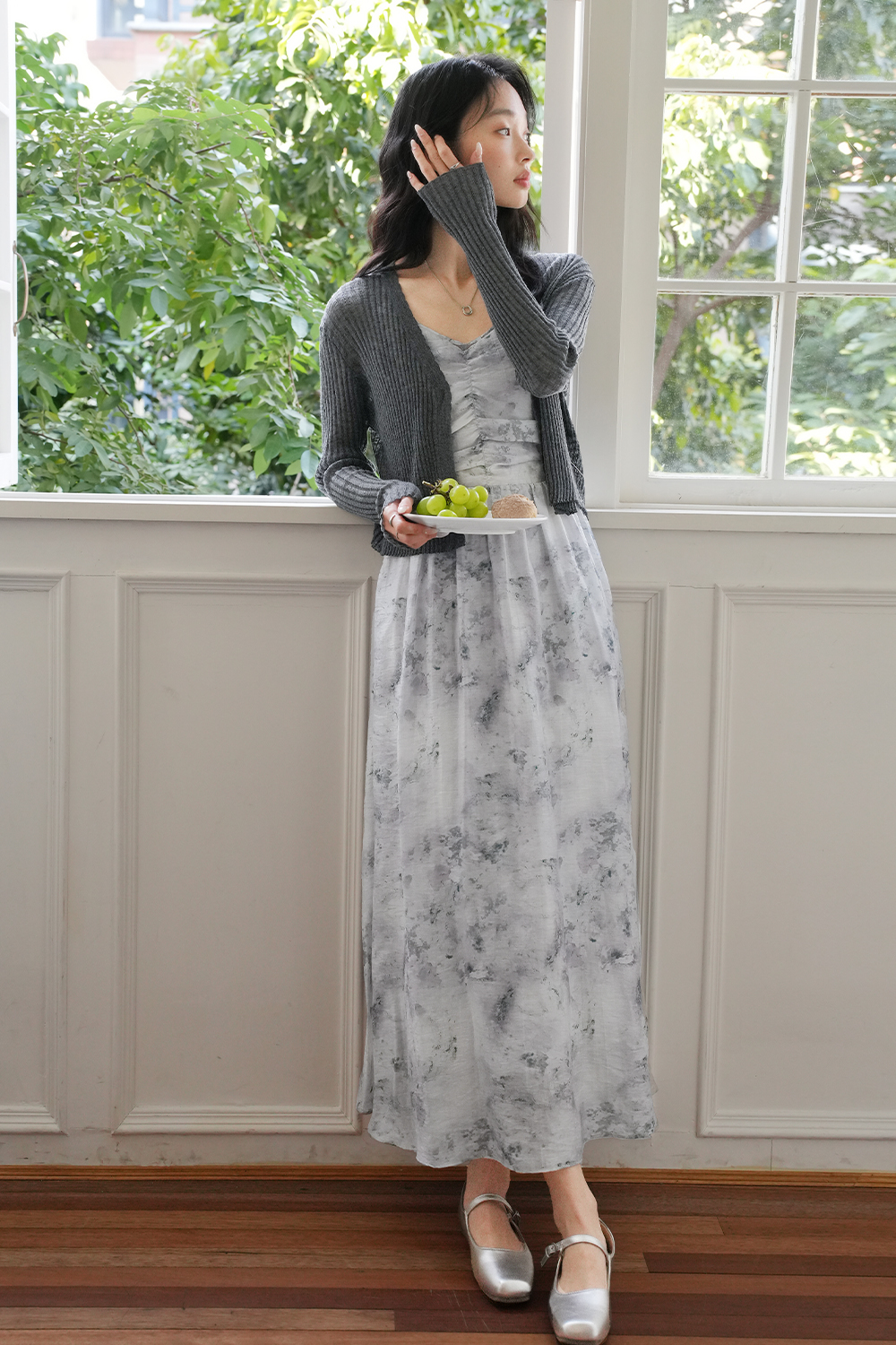 Knitted Cardigan And Floral Long Skirt Combination