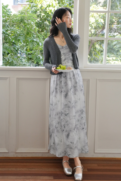 Knitted Cardigan And Floral Long Skirt Combination