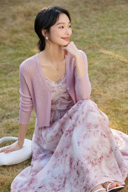 Knitted Cardigan And Floral Long Skirt Combination