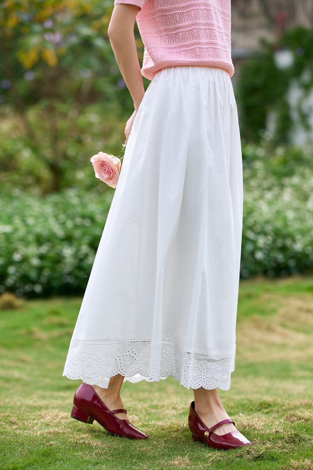 Lace-Edged White Long Skirt