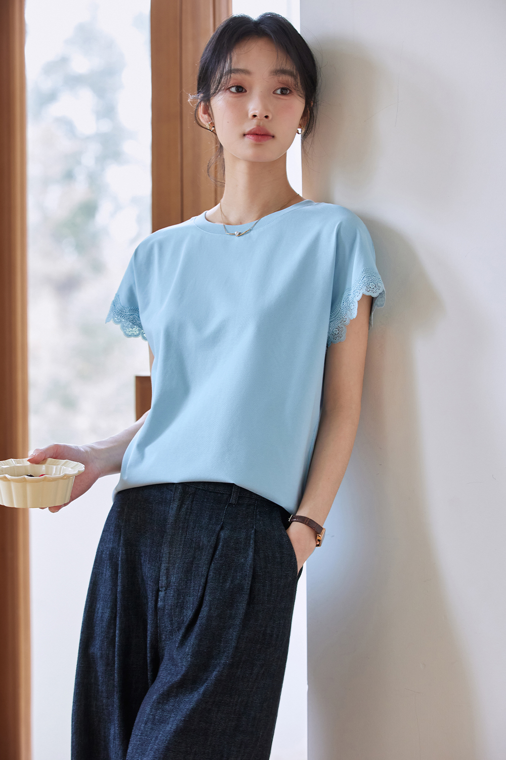 Lace Decoration Solid Color T-Shirt