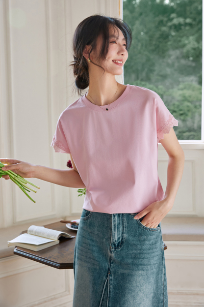 Lace Decoration Solid Color T-Shirt