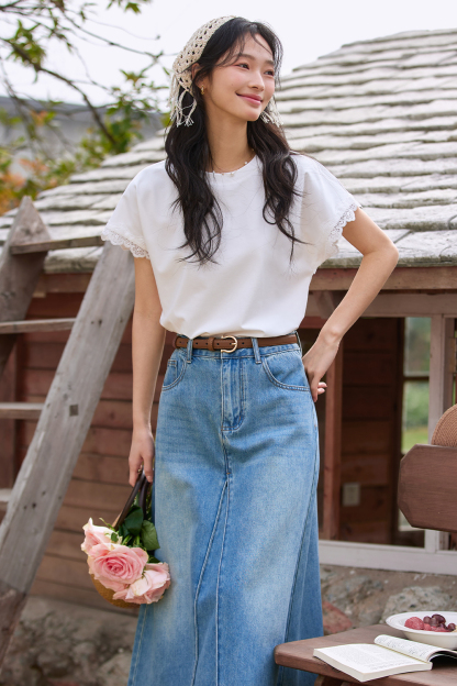 Lace Decoration Solid Color T-Shirt