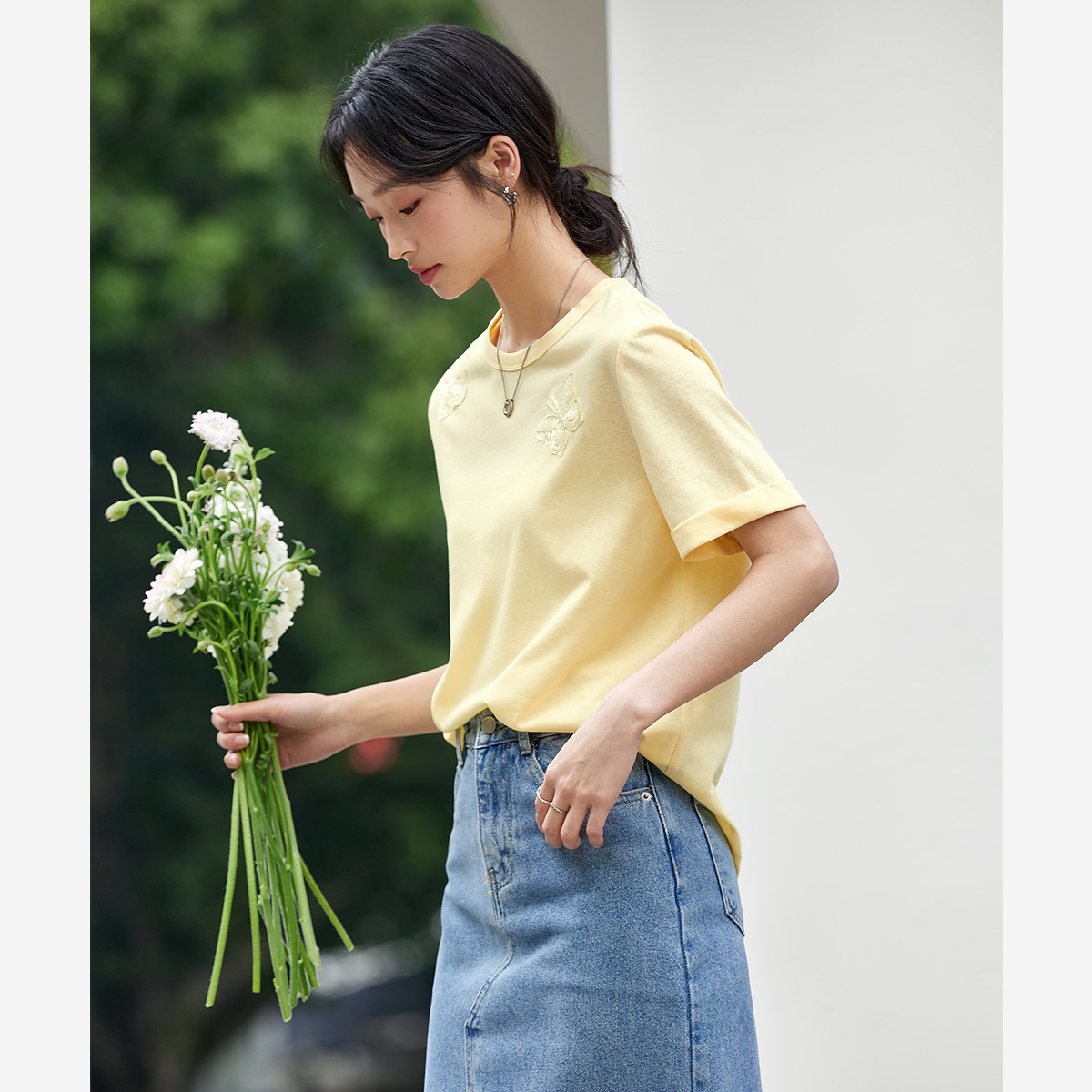 Lace Butterfly Solid Color T-Shirt