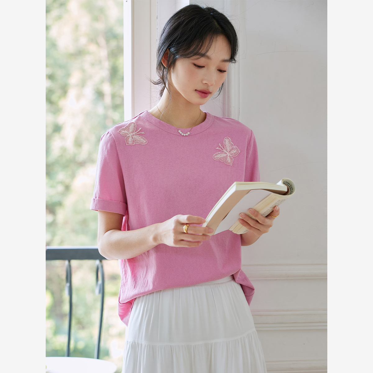 Lace Butterfly Solid Color T-Shirt