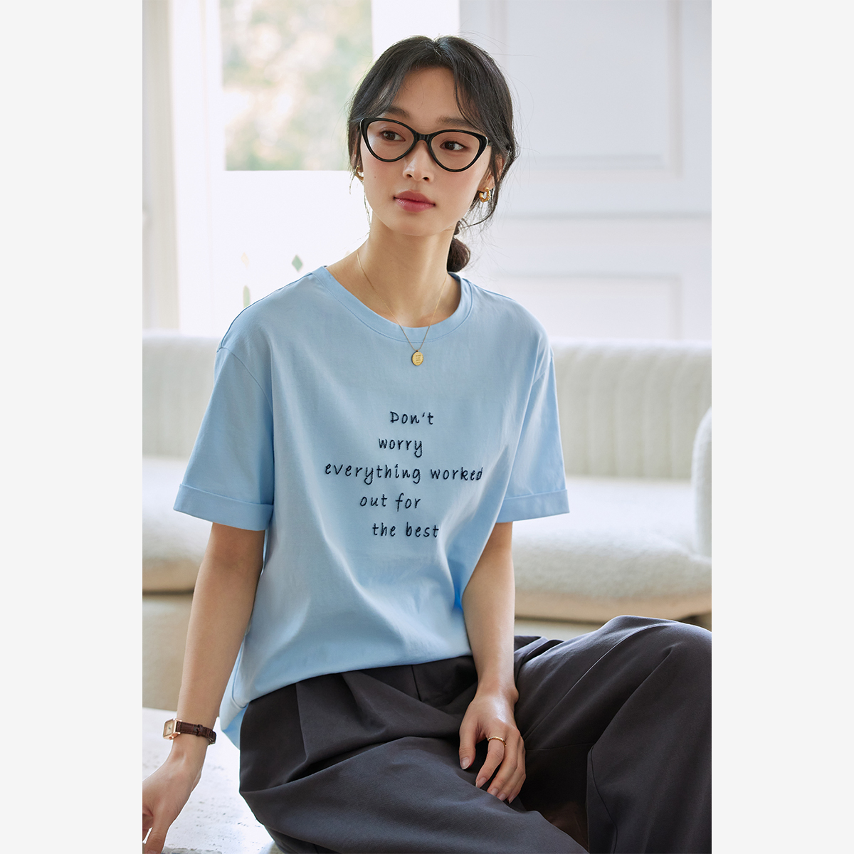 Letter Embroidered Round Neck T-Shirt