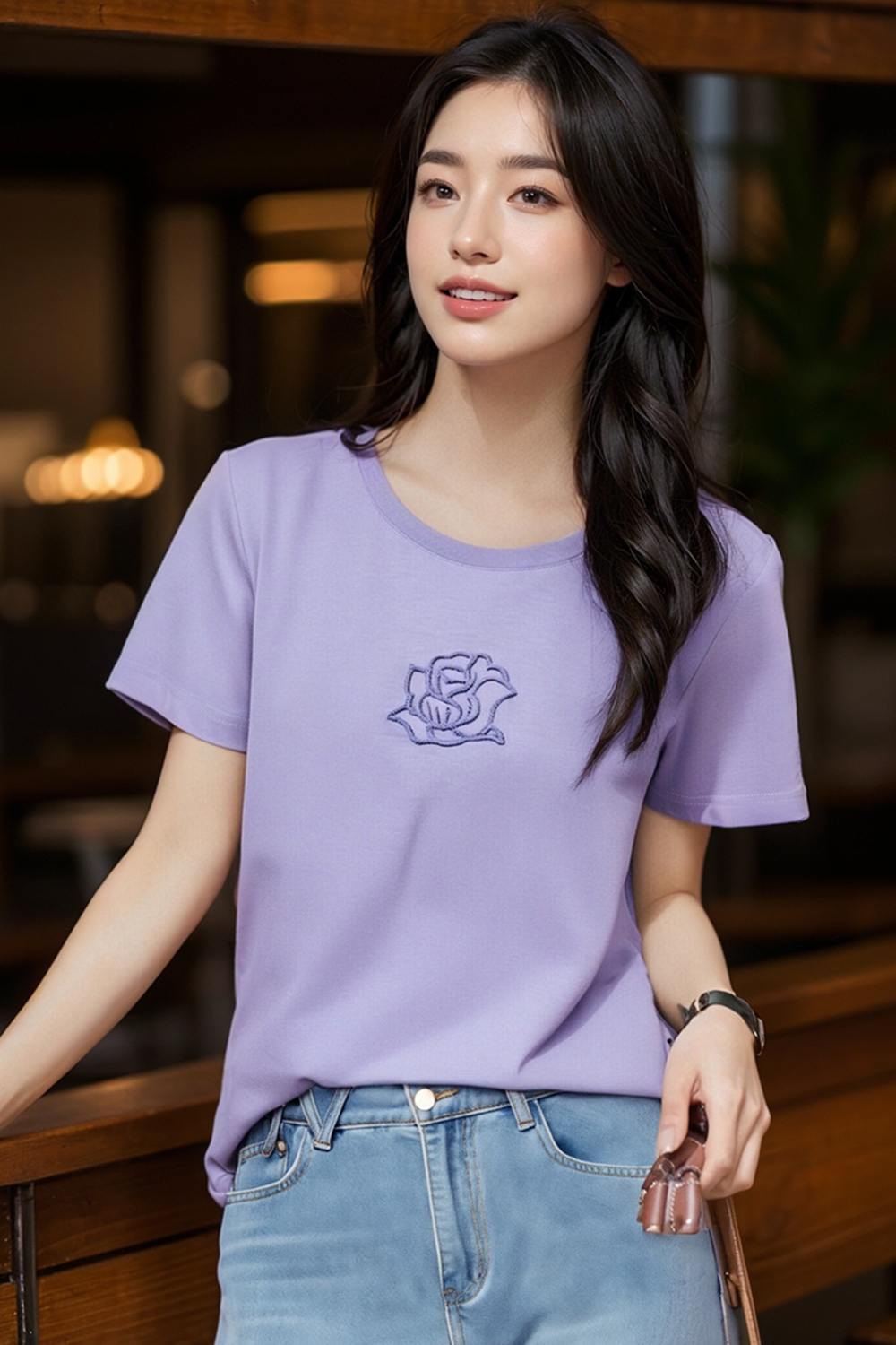 Toothbrush Embroidered Flower Design Loose T-Shirt