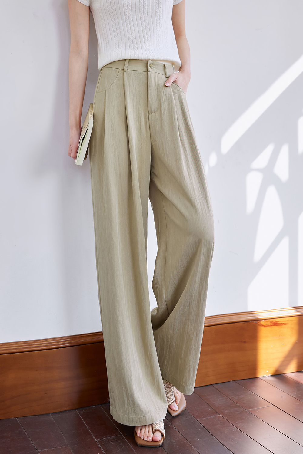 Woven Mid-Waist Casual Wide-Leg Pants