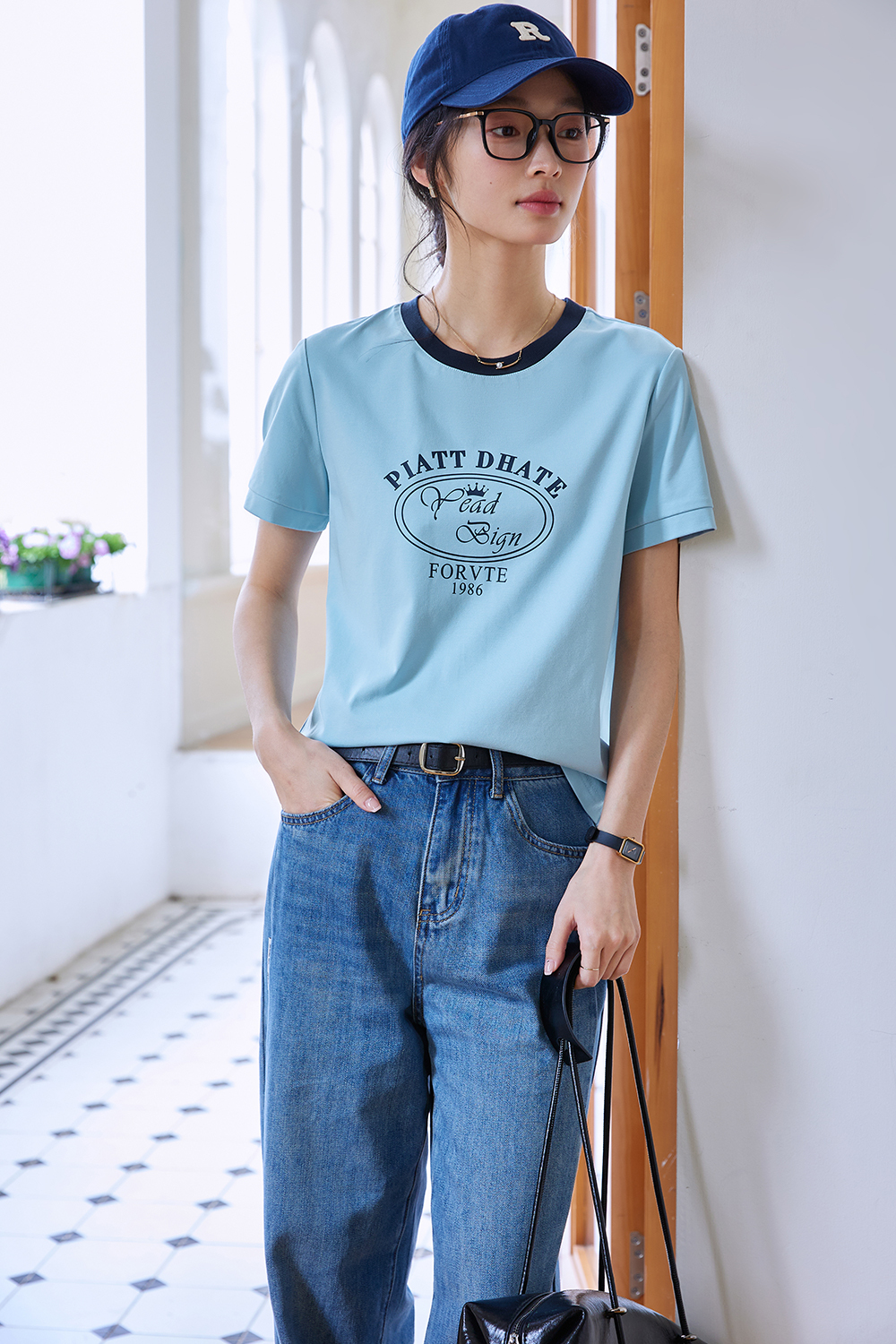 Round Neck Printed Decorative Straight T-Shirt