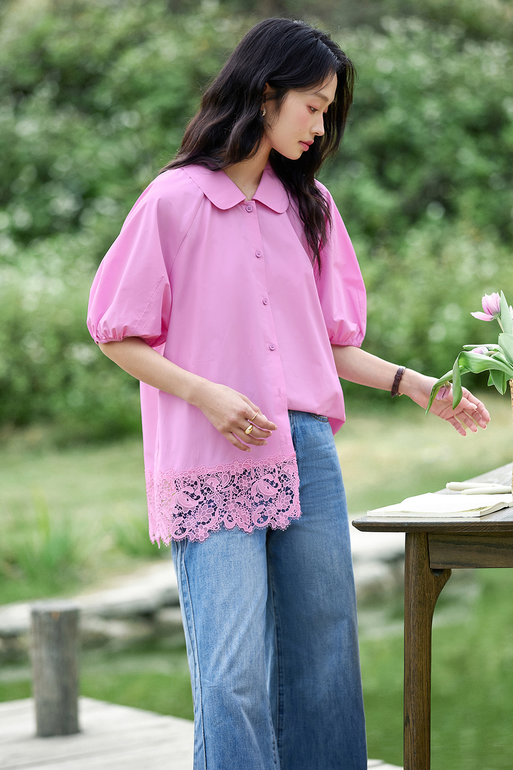 Lace Hem Casual Shirt-VIMLYSTORE
