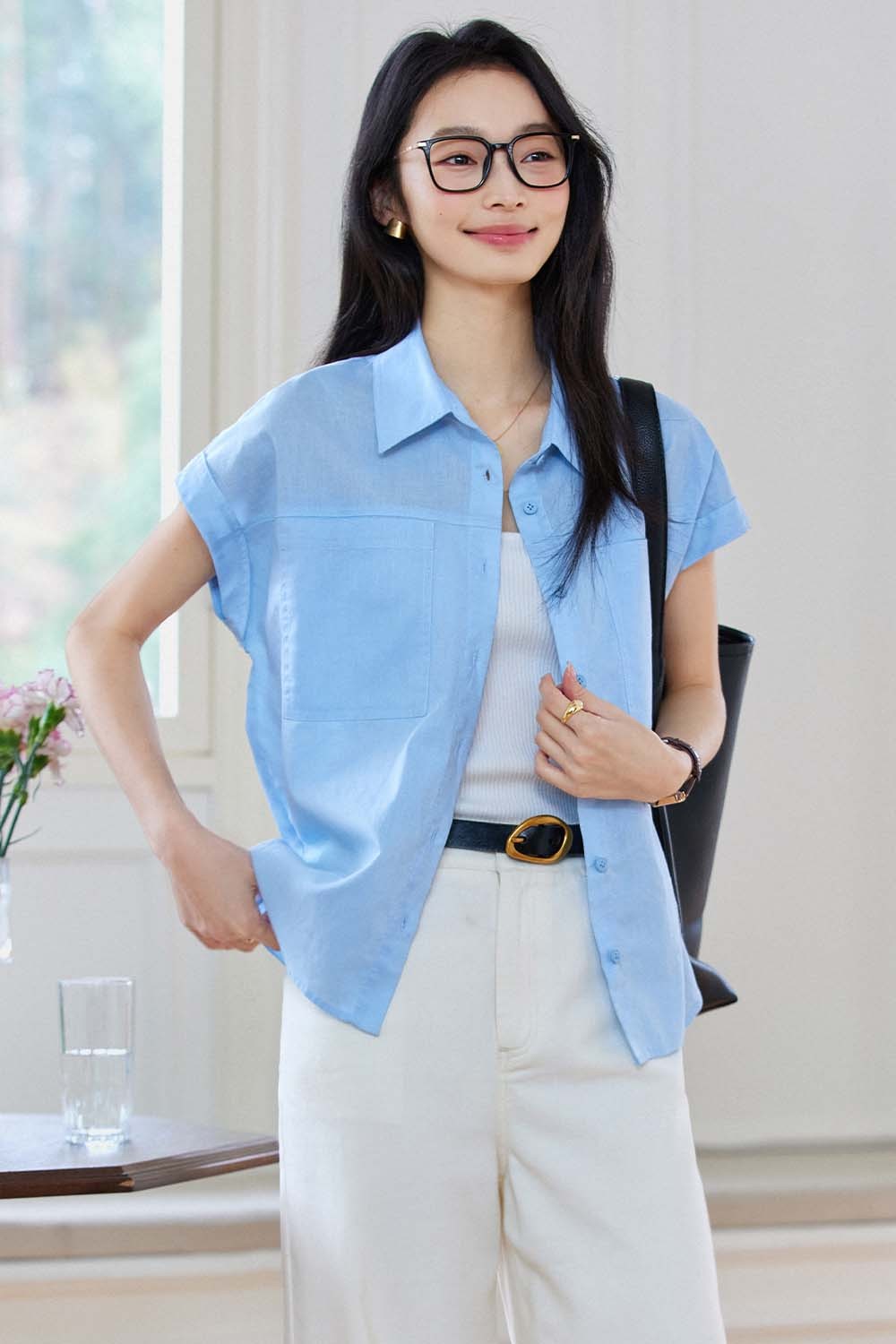 Cotton And Linen Blend Straight Shirt