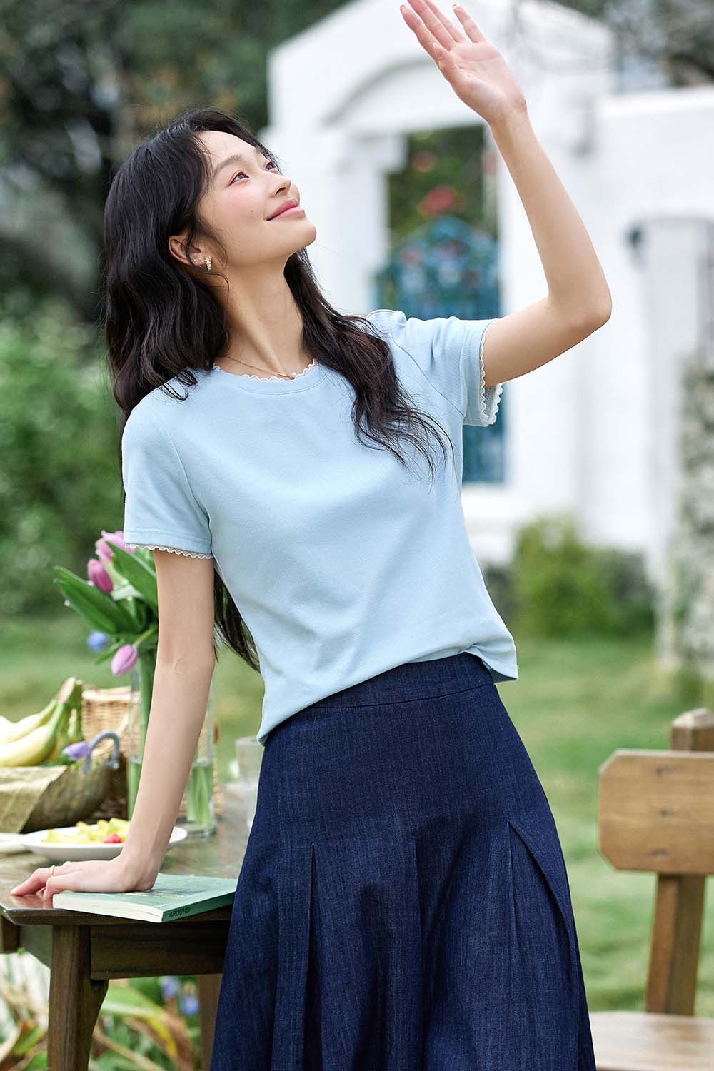 Paneled Round Neck Straight T-Shirt