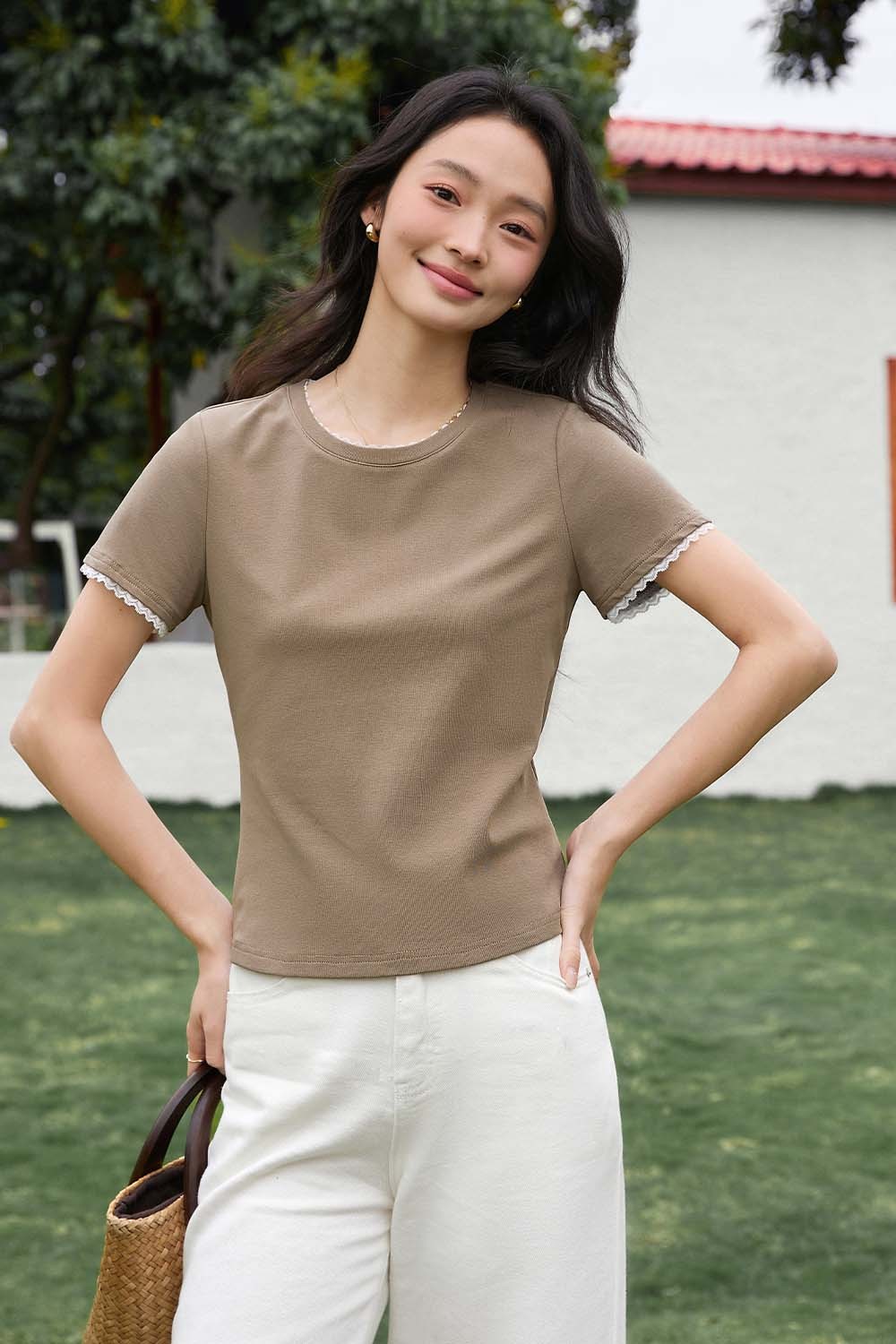 Paneled Round Neck Straight T-Shirt