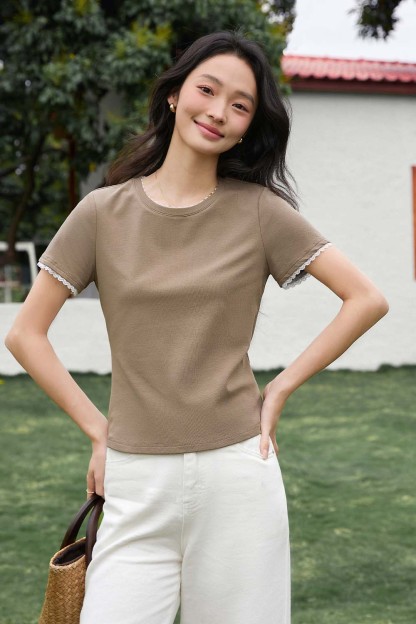 Paneled Round Neck Straight T-Shirt