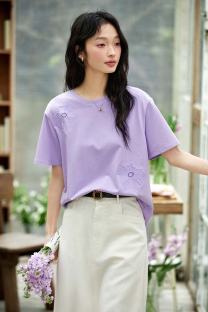 Hollow Flower Embroidery Straight T-Shirt-VIMLYSTORE