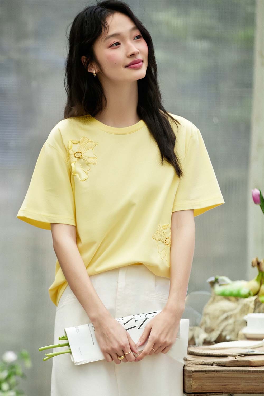 Hollow Flower Embroidery Straight T-Shirt-VIMLYSTORE
