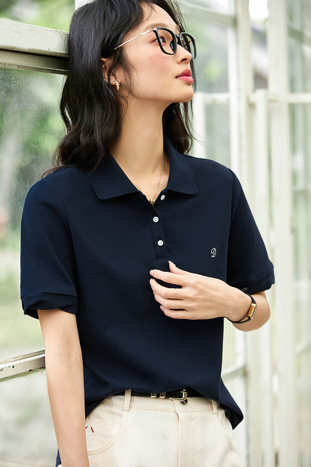 Polo Collar Embroidered Casual T-shirt-VIMLYSTORE
