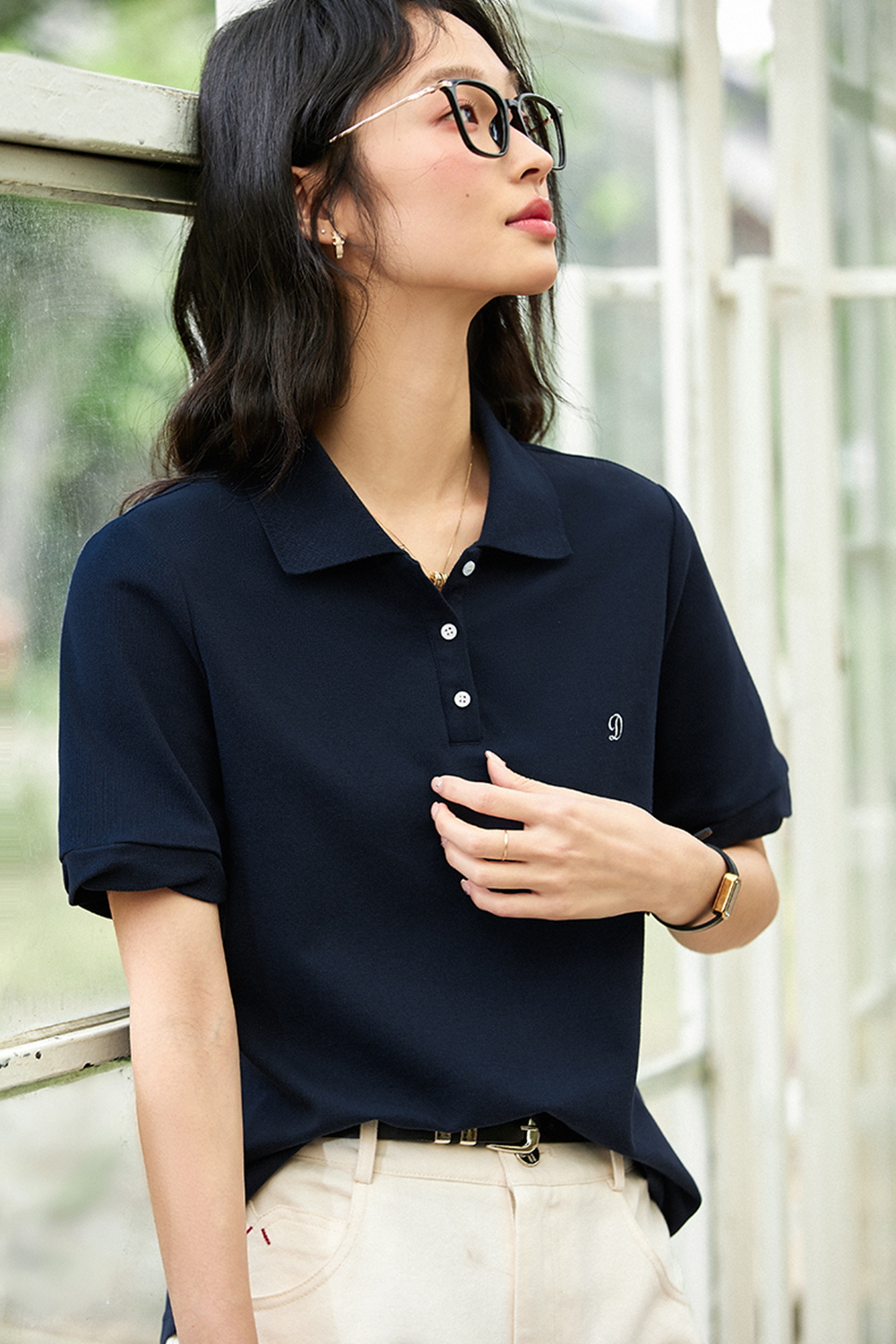 Polo Collar Embroidered Casual T-shirt-VIMLYSTORE