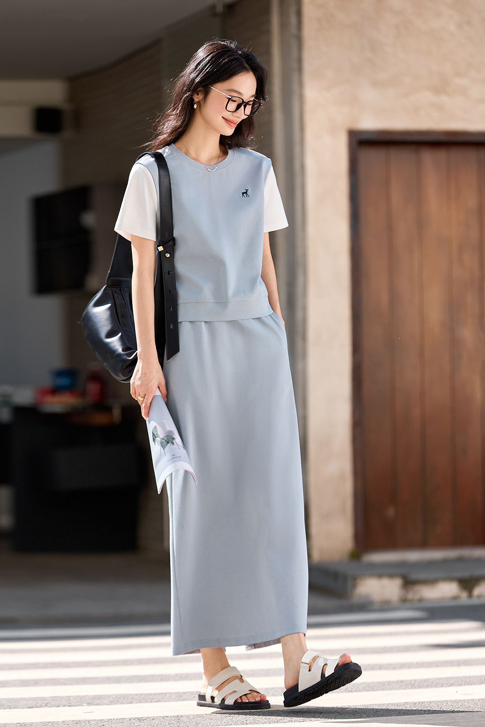 Casual-Chic Fake Two-Piece Top with High-Waist Skirt Set
