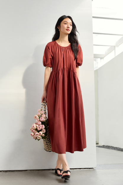 Minimalist Cotton Puff-Sleeve Relaxed Dress-VIMLYSTORE