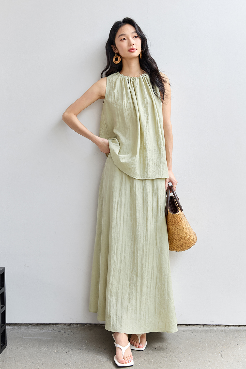 French-Casual Round Neck Sleeveless Top with Flowy Skirt Set-VIMLYSTORE