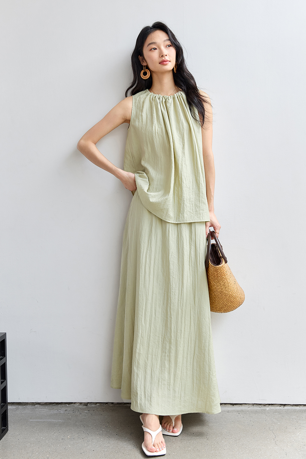 French-Casual Round Neck Sleeveless Top with Flowy Skirt Set-VIMLYSTORE