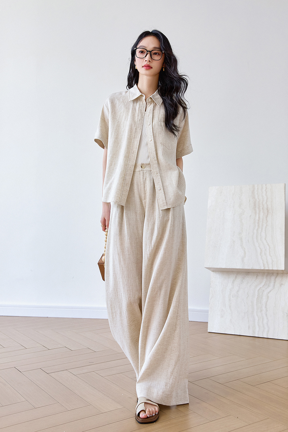 Trendy Relaxed Short-Sleeve Top with High-Waist Wide-Leg Pants Set
