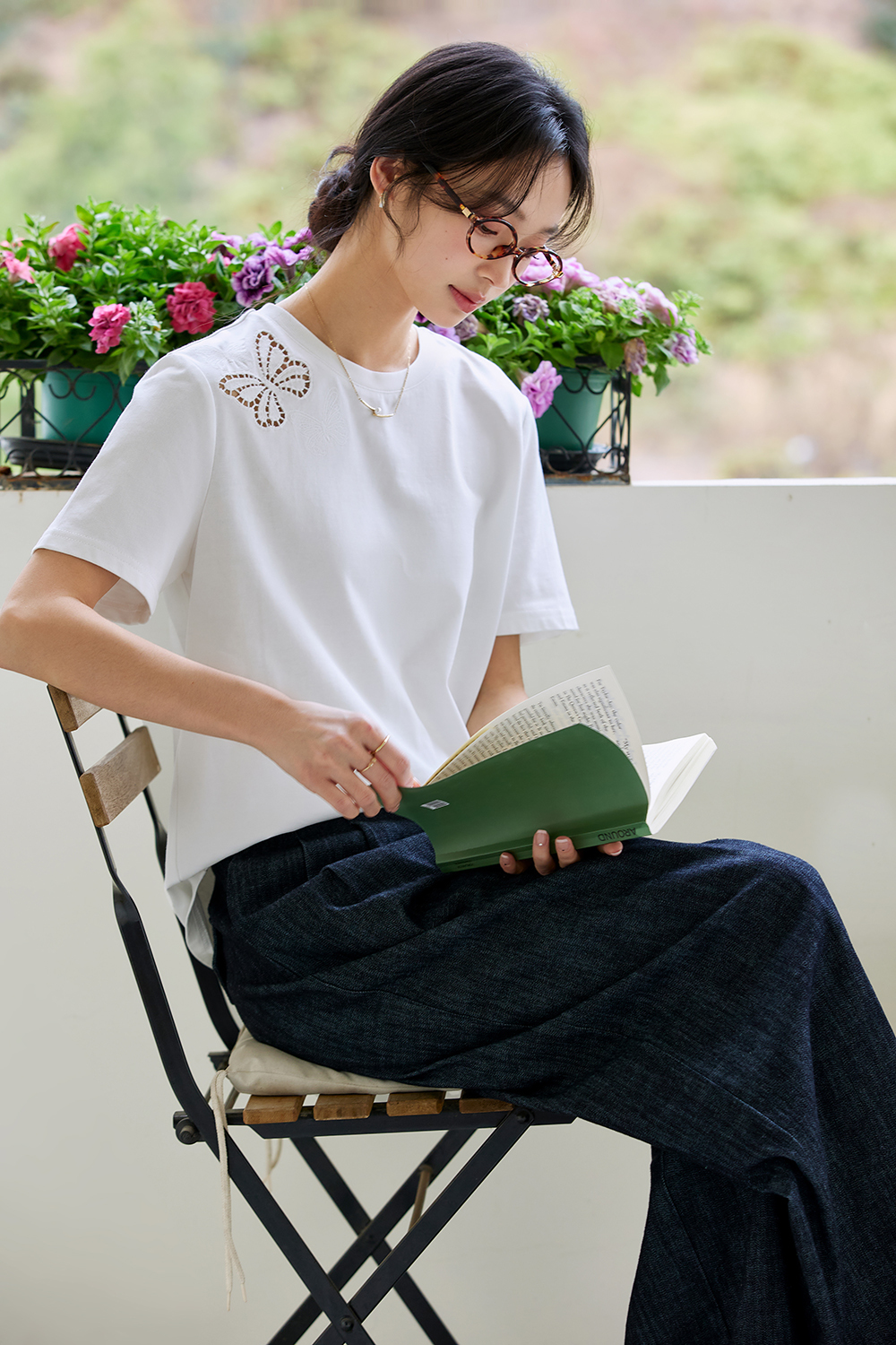 Cotton Round Neck Short-Sleeve Tee with Butterfly Cut-Out Embroidery-VIMLYSTORE