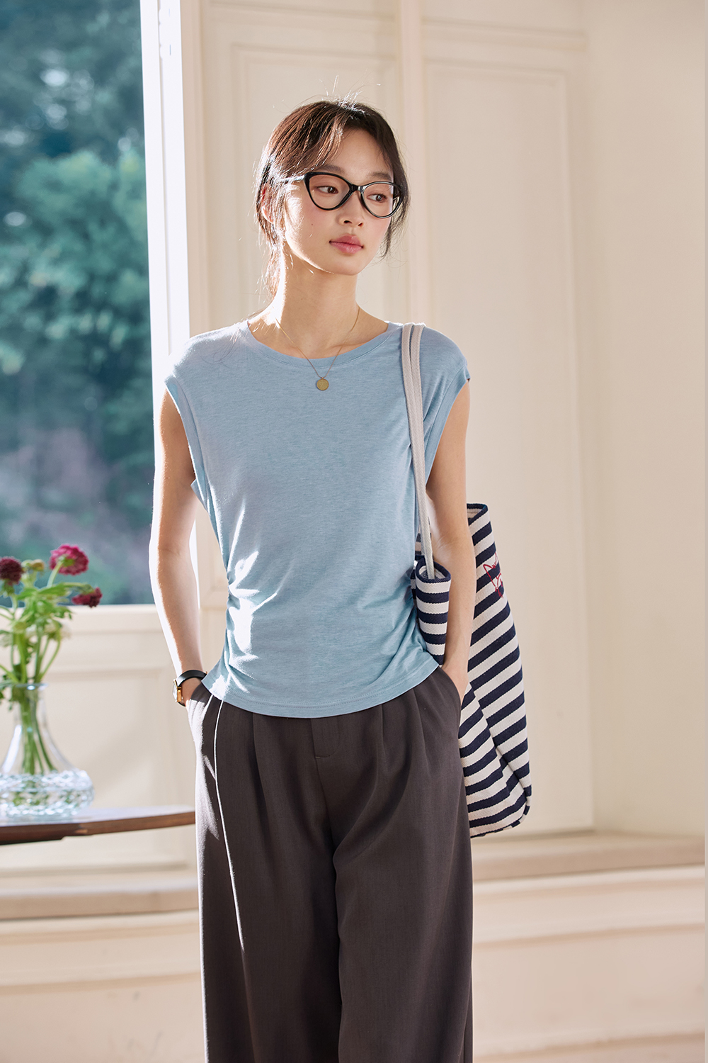 Office-Chic Ruched Waist Top with Round Neck