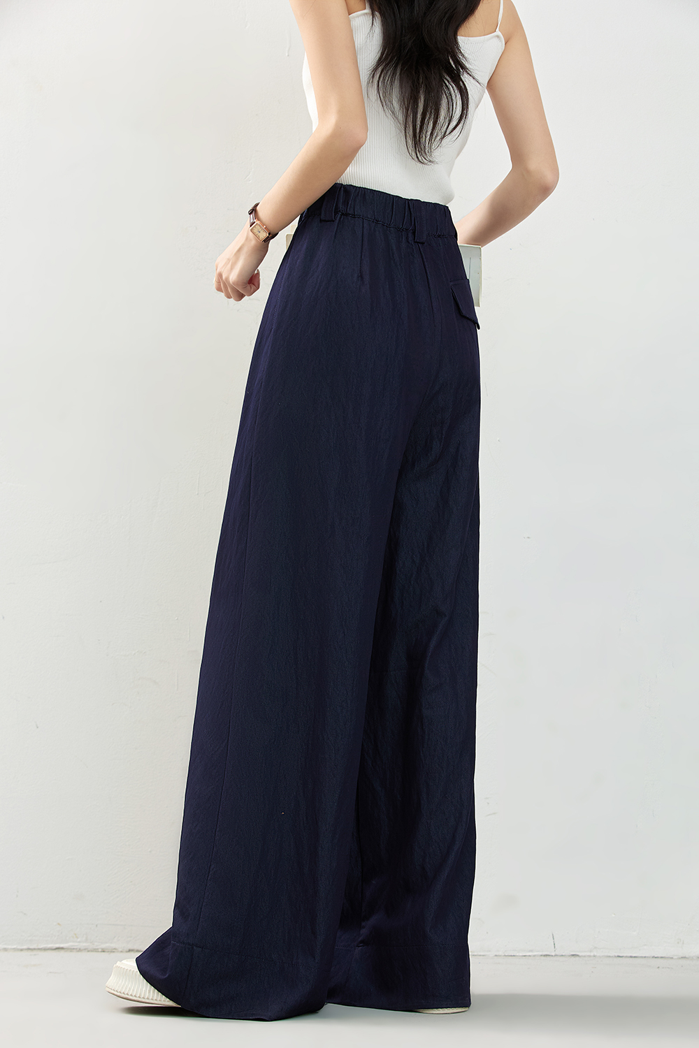 Navy Elastic-Waist Lightweight Wide-Leg Pants-VIMLYSTORE