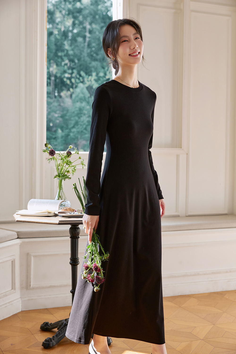 Round neck pullover Commuter Waist Slim dress-VIMLYSTORE
