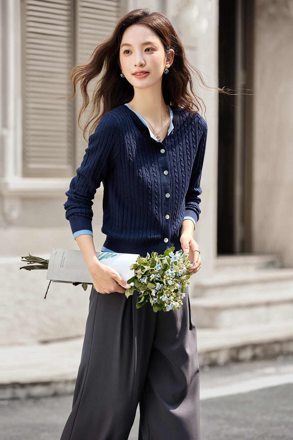 Color-Block Ribbed Knit Cardigan with Faux Underlayer-VIMLYSTORE