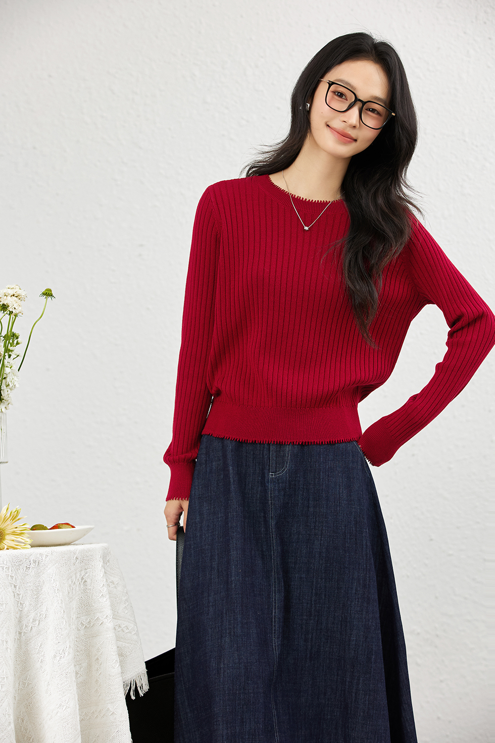 Ribbed Wool Blend Loose Round Neck Knitted Top-VIMLYSTORE