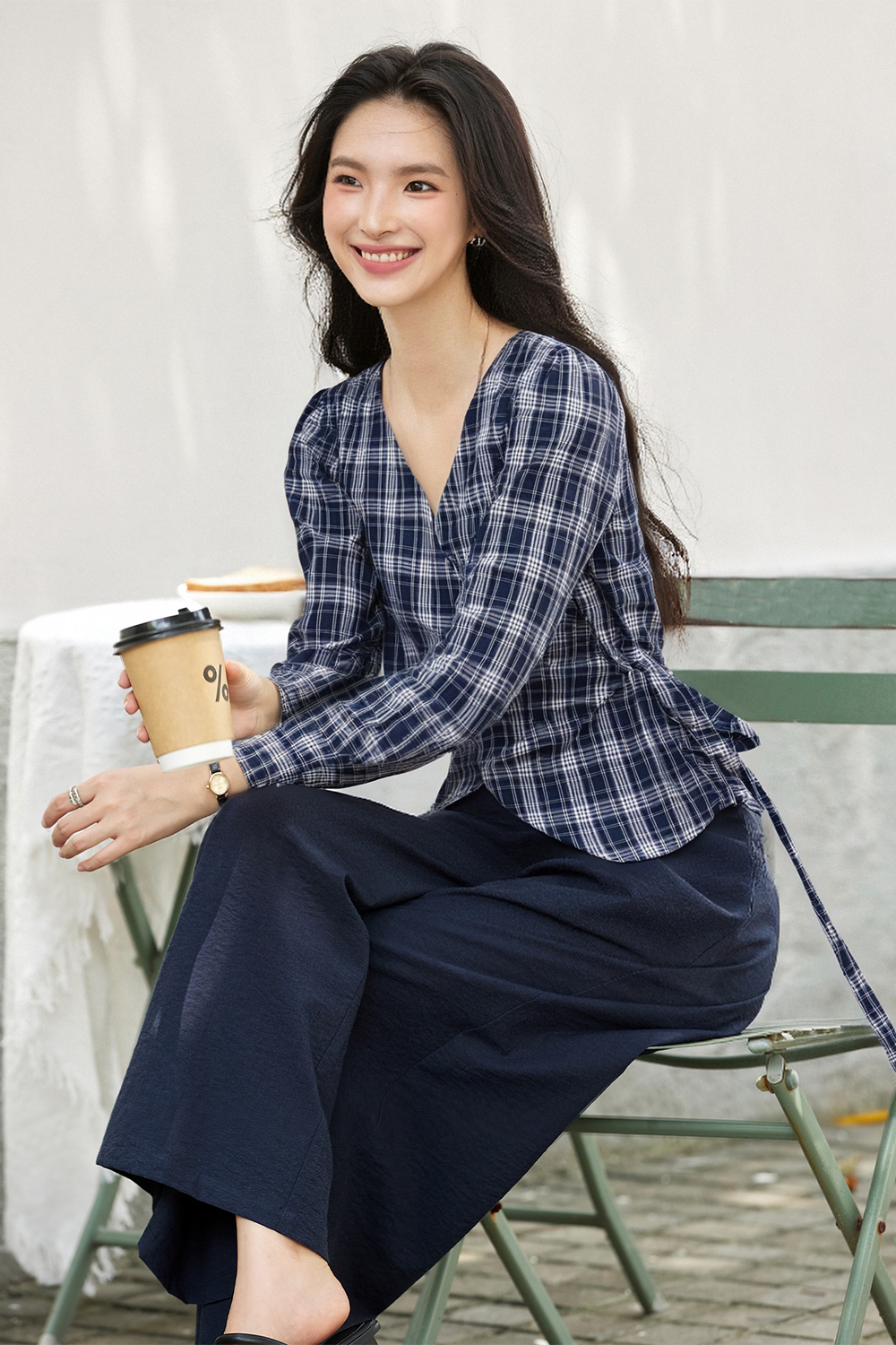 Blue plaid shirt and wide-leg pants-VIMLYSTORE