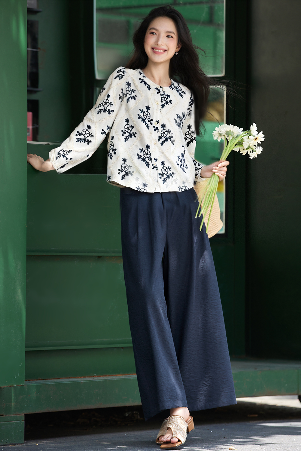 Linen Notch-Neck Top & Wide-Leg Pants Set-VIMLYSTORE