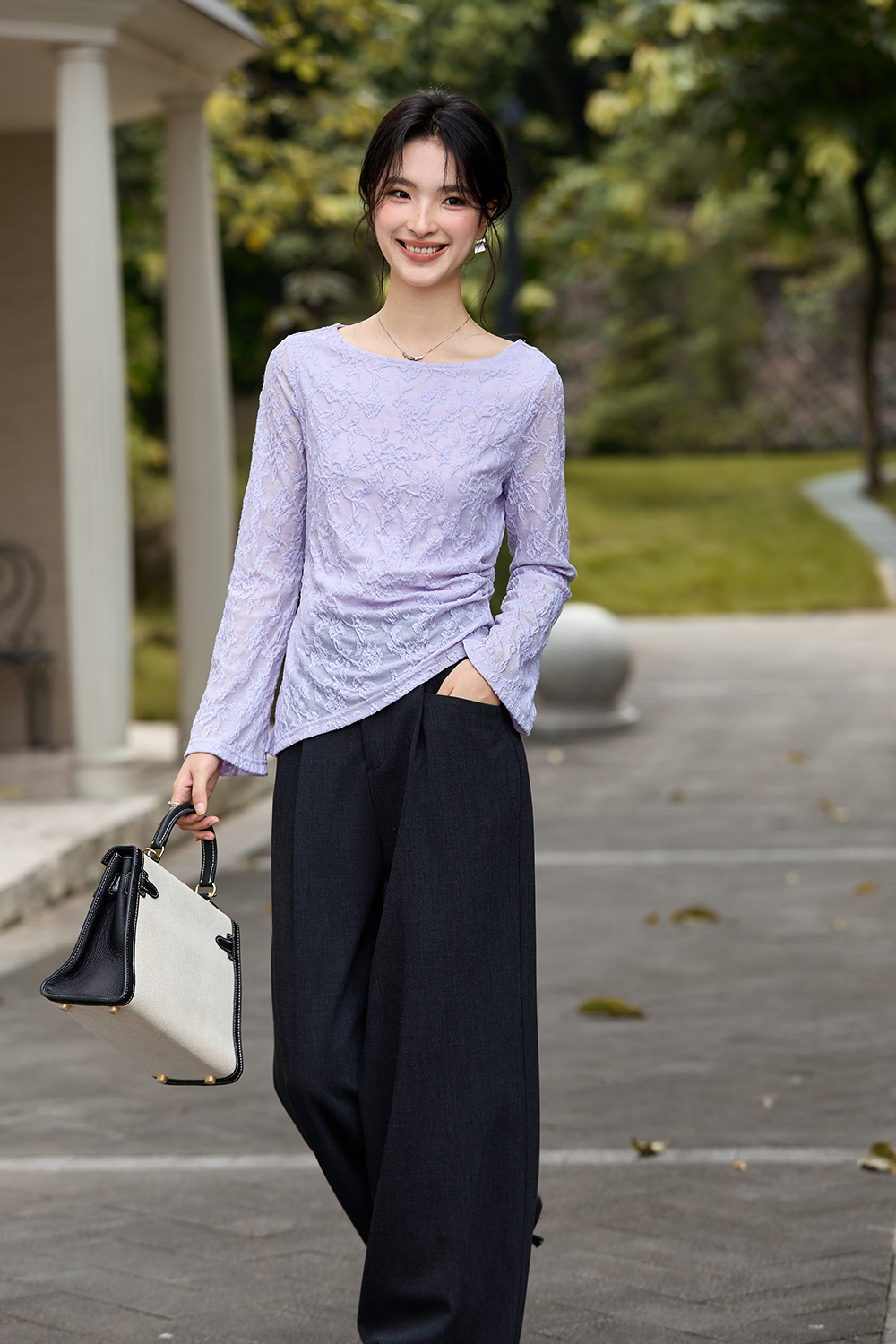 Lace-Trimmed Boatneck Top with Smocked Waist-VIMLYSTORE