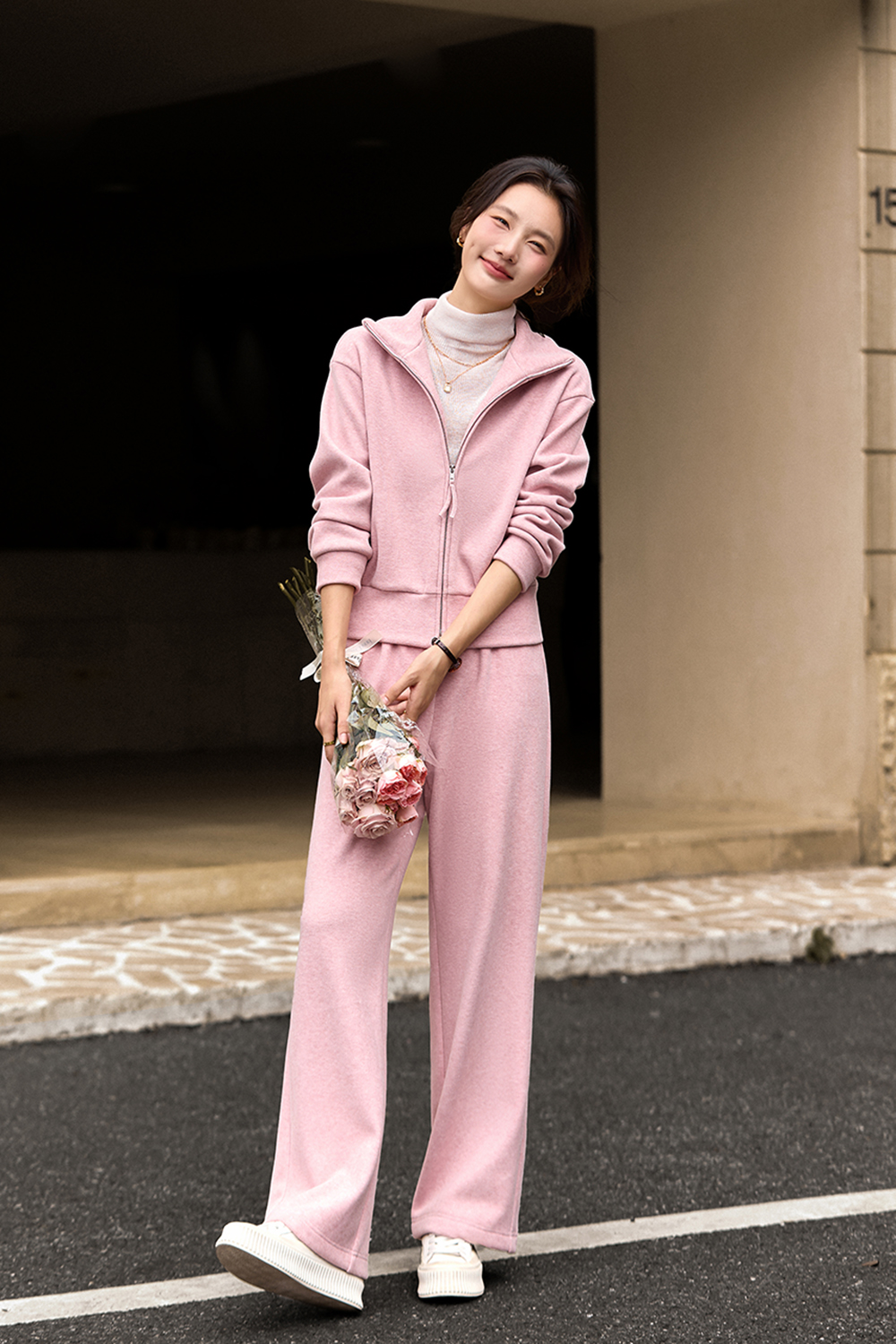 Pink stand collar zipper tracksuit